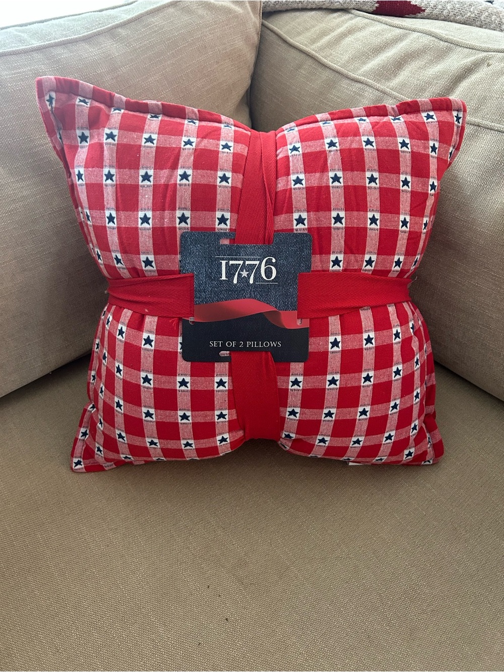 “New” Red Checked with blue stars Decorative Throw Pillows- Set of 2